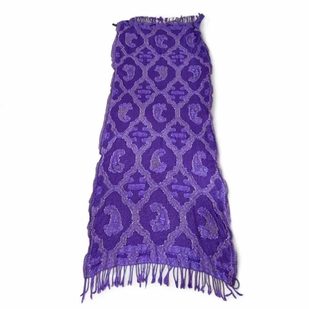 Wool Blend Purple Patterned Fringe Scarf Shawl Elegant Indian Made